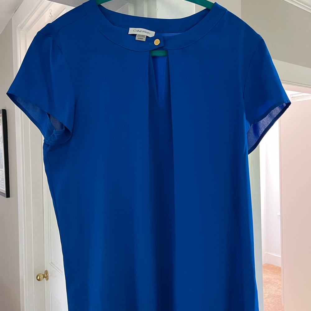 Calvin Klein Blue Buttoned Blouse with Mandarin Collar